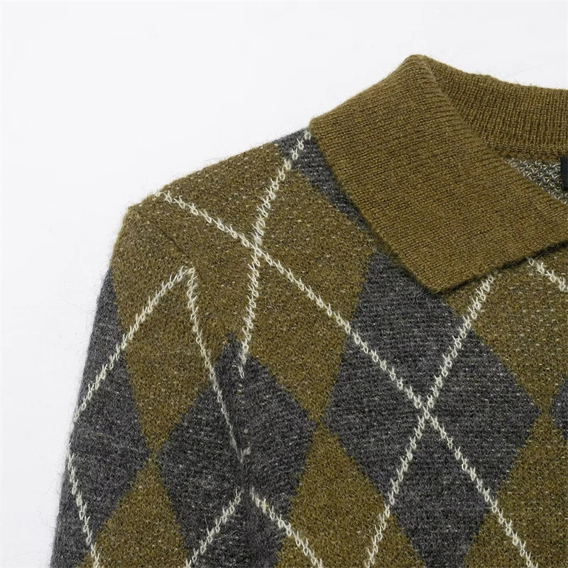 Womens Olive Green Collared Knit Sweater - INDETER Argyle Pattern Long Sleeve Polo Pullover 251212