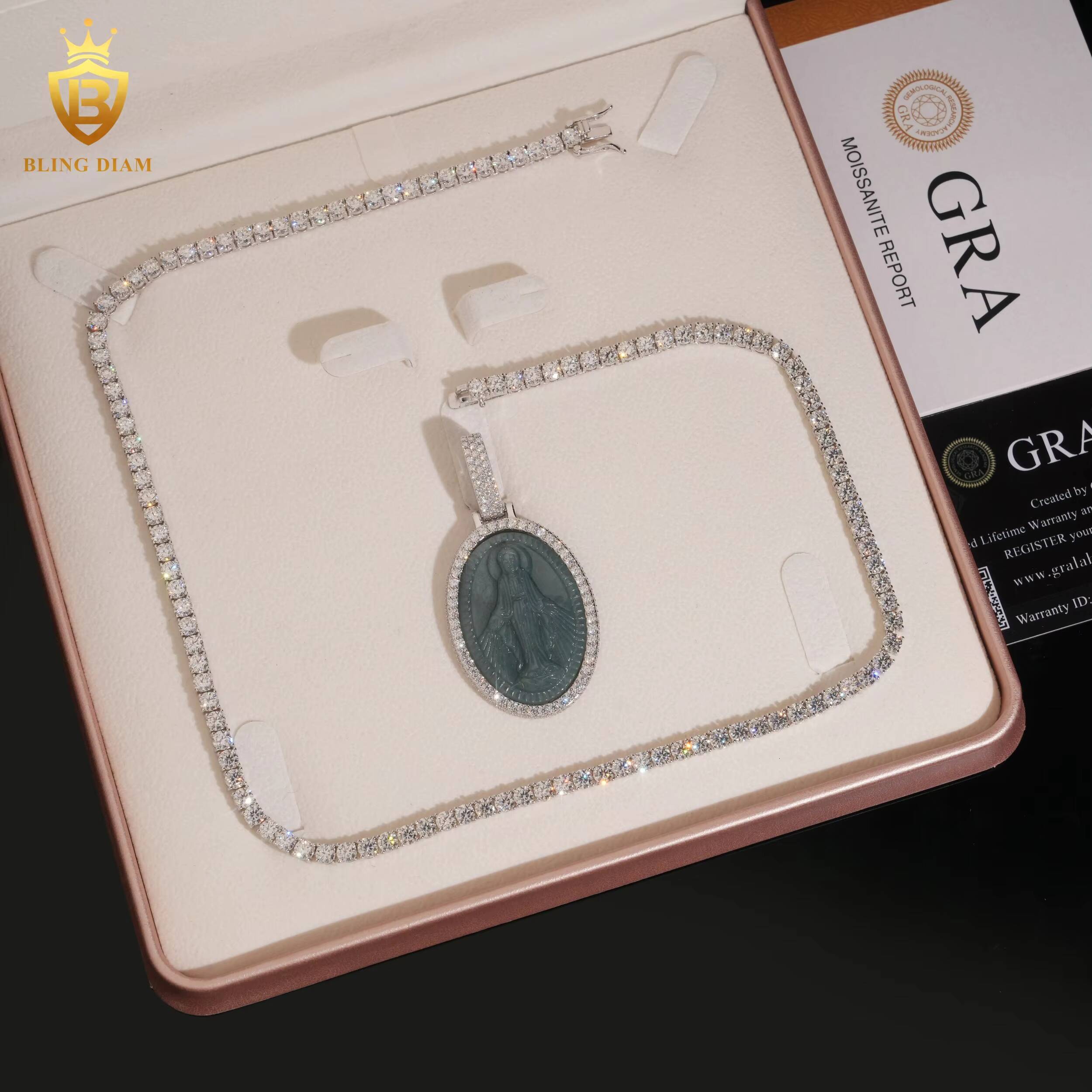 New Arrival Hip Hop Jewelry Iced Out Green Jade Holy Mother Pendants Moissanite 925 Sterling Silver for Men and Chain Set