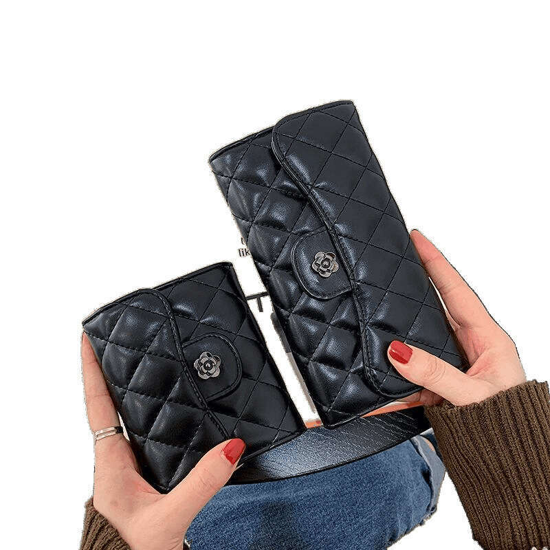 BHULAMTE Designer Classic Diamond Embroidered Thread Black Card Luxury Texture Camellia Women's Handbag Long Money Wallet Coin Bag Zipper Clip