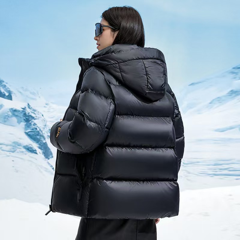 Black Gold Short Thickened Down Jacket: Couple Style Unisex Hooded Outdoor Fashion Wash-Free with Suspenders