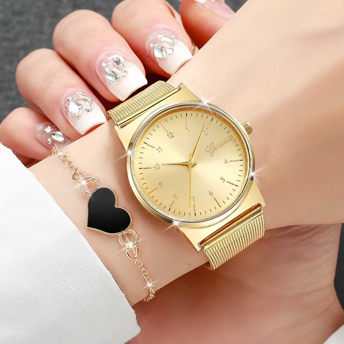2PCS/Set Fashion Arabic Dial Women Watches Ladies Mesh Band Quartz Wristwatch Heart Bracelet Set Reloj MujerWithout Box Y251212