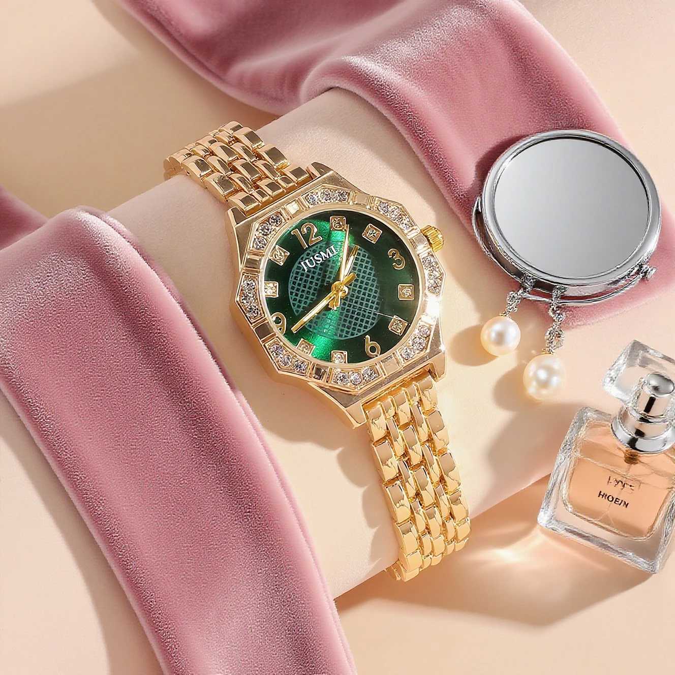 Luxury Fashion Diamond Dial Rhinestone Scale Womens Quartz Watch Jewelry Set 5-Piece Set for Thanksgiving and Christmas Gifts Y251212