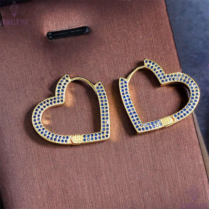 Cute Luxury Heart Designer Hoop Earrings for Women Girls White Blue AAA Cubic Zirconia 14K Gold Plated Copper Earring Party Valentines Day Girlfriend 