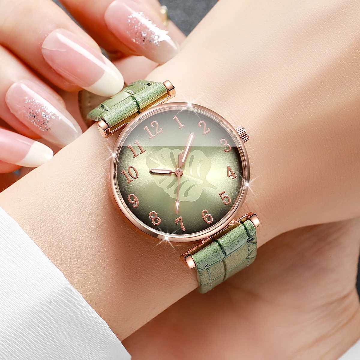 1/5PCS Fashion Leaf Dial Womens Watch Leather Band Ladies Quartz Wristwatch Rhinestone Jewelry Set Reloj MujerWithout Box Y251212
