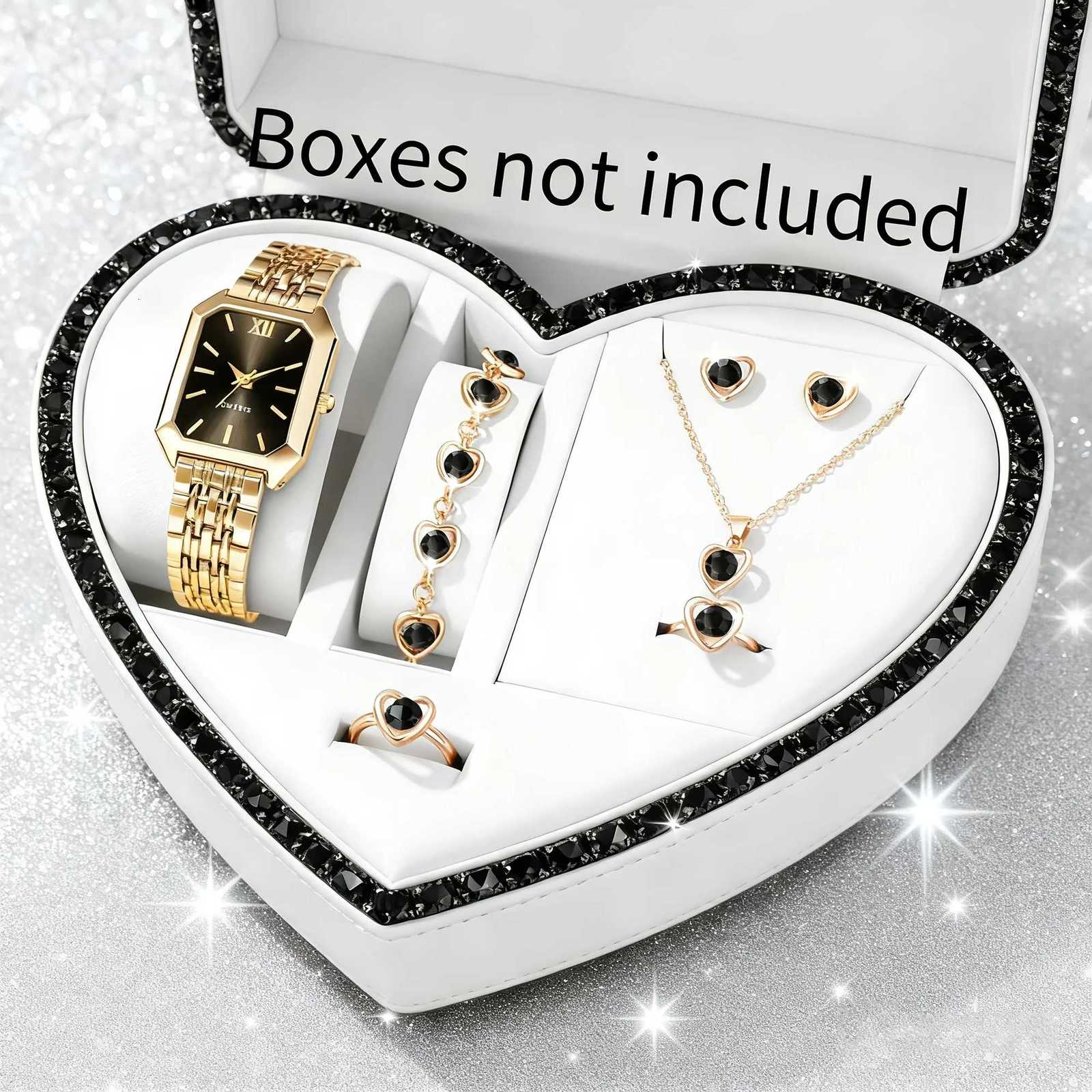 6pcs Elegant Women Quartz Watch Rectangle Dial Ladies Wristwatch with Heart Pendant Jewelry Set Reloj MujerWithout Box Y251212