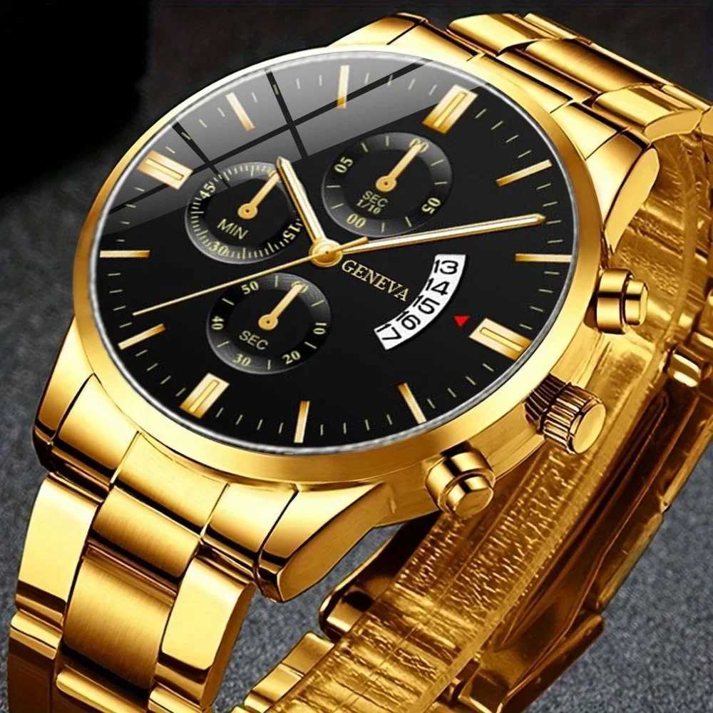 4pcs/set Fashion Male Stainless Steel Watches Men Business Quartz Watch Man Casual Wristwatch and Bracelet Necklace Set Y251212