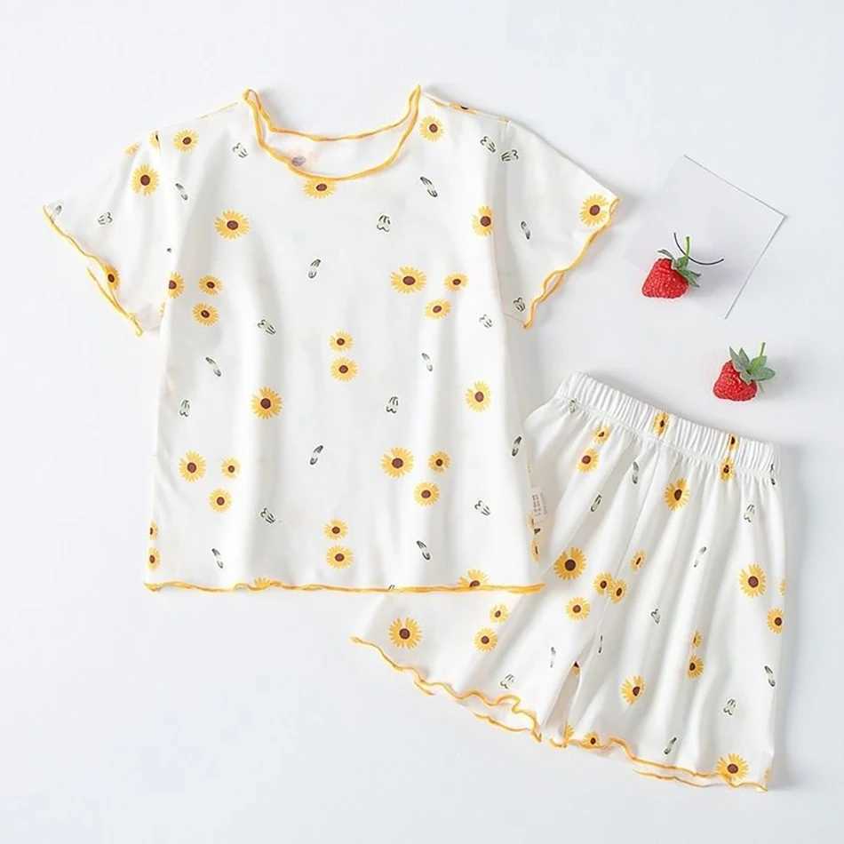 Girls Summer Pajama Sets Stylish Cartoon Pattern Printing Short Sleeve Top and Pants Made from Luxurious Cozy Ice Silk Material H260403