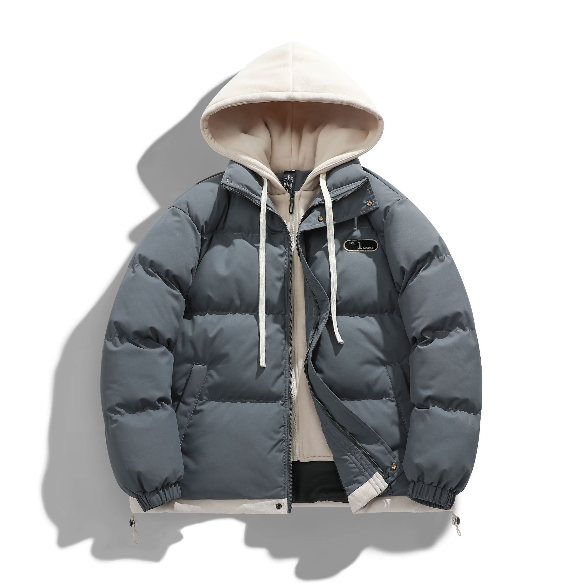 Men's Hooded Cotton Padded Coat: Trendy, High-End, Warm Winter Outerwear, Teenager Fake Two-Piece Down Cotton Jacket