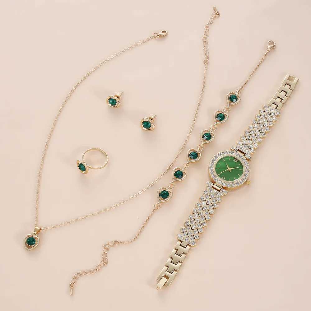 5 PCS Set Green Watch Women Luxury Ring Necklace Earrings Rhinestone Fashion Wristwatch Female Casual Watches Bracelet Set Y251212
