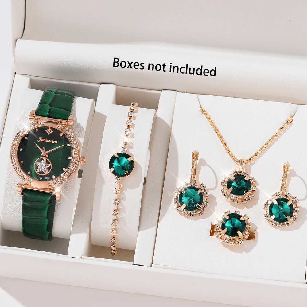 6PCS Set Green Luxury Quartz Watch Women Ring Necklace Earring Rhinestone Fashion Wristwatch Casual Ladies Bracelet Watches 6PCS Y251212