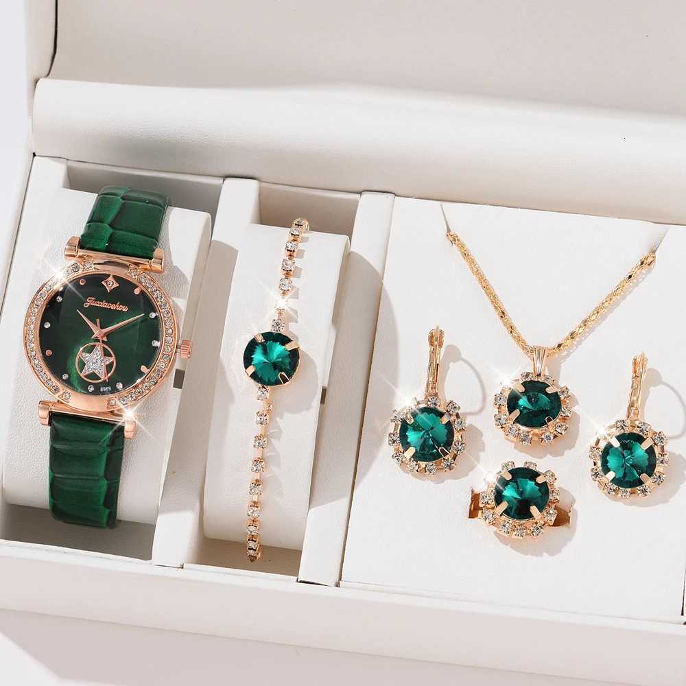 6PCS Set Green Luxury Quartz Watch Women Ring Necklace Earring Rhinestone Fashion Wristwatch Casual Ladies Bracelet Watches 6PCS Y251212