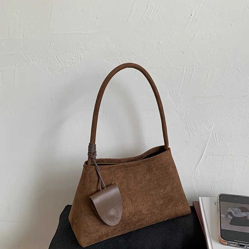 Wens Elegant Tote Bag Suede Fabric Shoder Bag Solid Brown Hand with Zipper Closure Durable Fixed Strap Phe Makeup Y251211