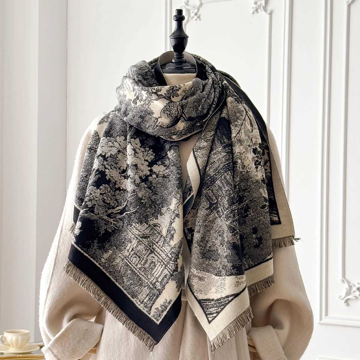 Elegant Retro Style Womens Double-Sided Landscape Print Cashmere Scarf Winter Warm Pashmina Shawl Foulard Poncho Y251211