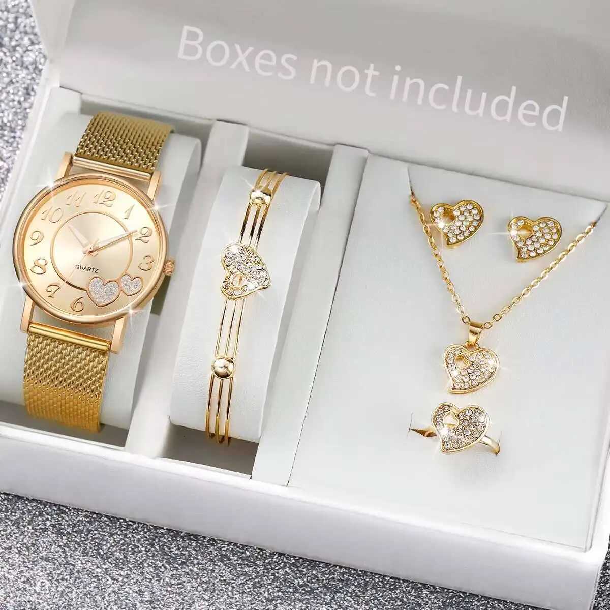6PCS/Set Fashion Plastic Band Womens Watch Female Quartz Watch Rhinestone Heart Jewelry SetWithout Box Y251212