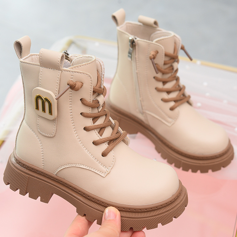 2026 New Autumn Winter Girls' Genuine Leather Martin Boots Fashion Fleece-Lined British Style Mid-Large Kid Boots