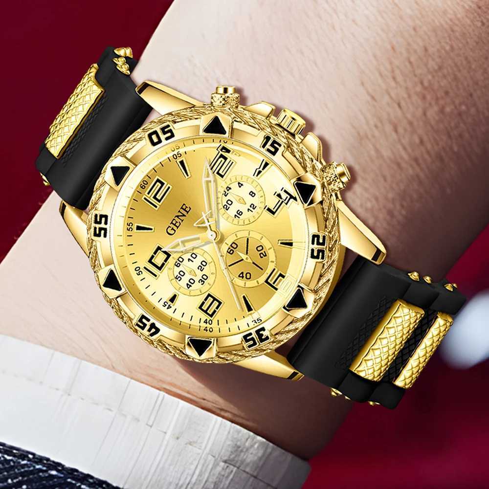 4PC Golden Mens Watch Set Fashionable and Versatile Quartz Watch Bracelet Necklace Ring Set Perfect Gift for Friends or Dad Y251212