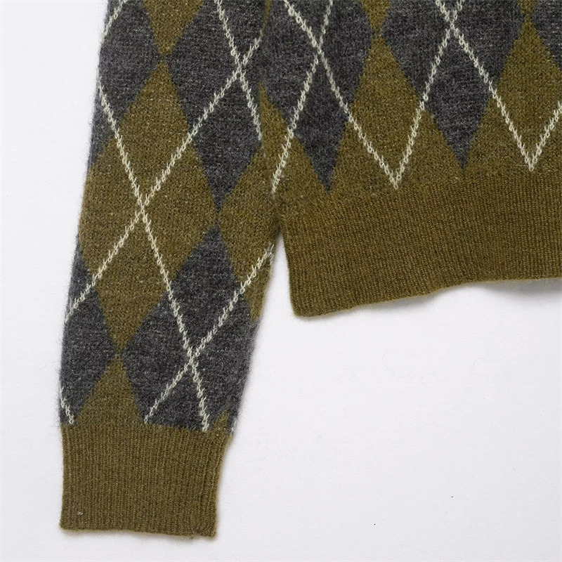 Womens Olive Green Collared Knit Sweater - INDETER Argyle Pattern Long Sleeve Polo Pullover 251212