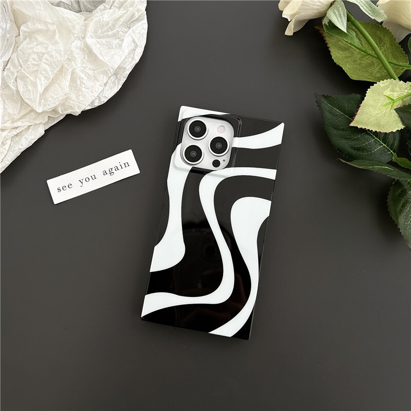 Vintage Black White Wave Pattern 17 Pro Max, Shockproof Square with Vertical Stripes for iPhone 16 and 15, Soft Cross-Border Case