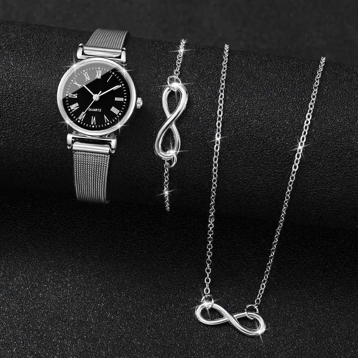 3PCS Fashion Roma Dial Women Watches Silver Mesh Band Quartz Wristwatches Jewelry Set Reloj MujerWithout Box Y251212
