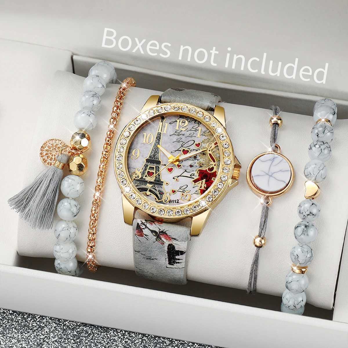 4/5PCS Fashion Flowers Prinetd Women Watches Bracelets Set Casual Leather Strap Quartz Wristwatch Reloj MujerWithout Box Y251212