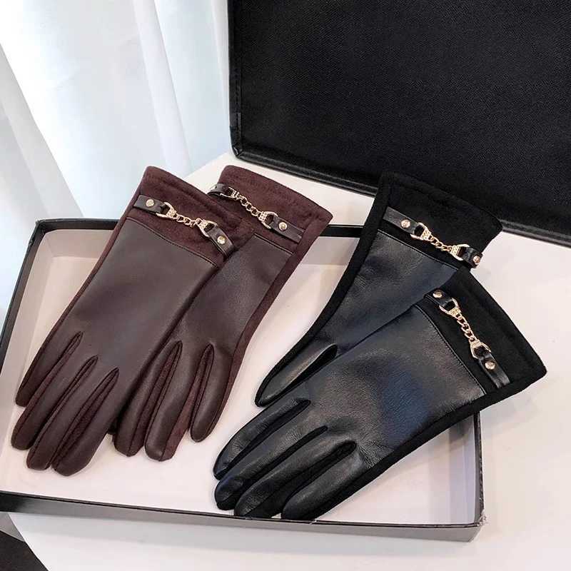 Winter Women Luxury Elegant Fashion Chain Protein Leather Thicken Warm Gloves Touch Screen Cycling Driving Windproof Mittens Y251211