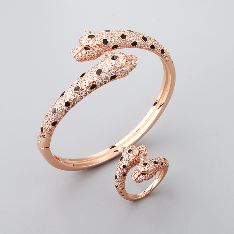 Trendy Internet Celebrity Style Spotted Full Diamond Double Leopard Head Bracelet Ring High-end Light Luxury Fashion Factory Wholesale