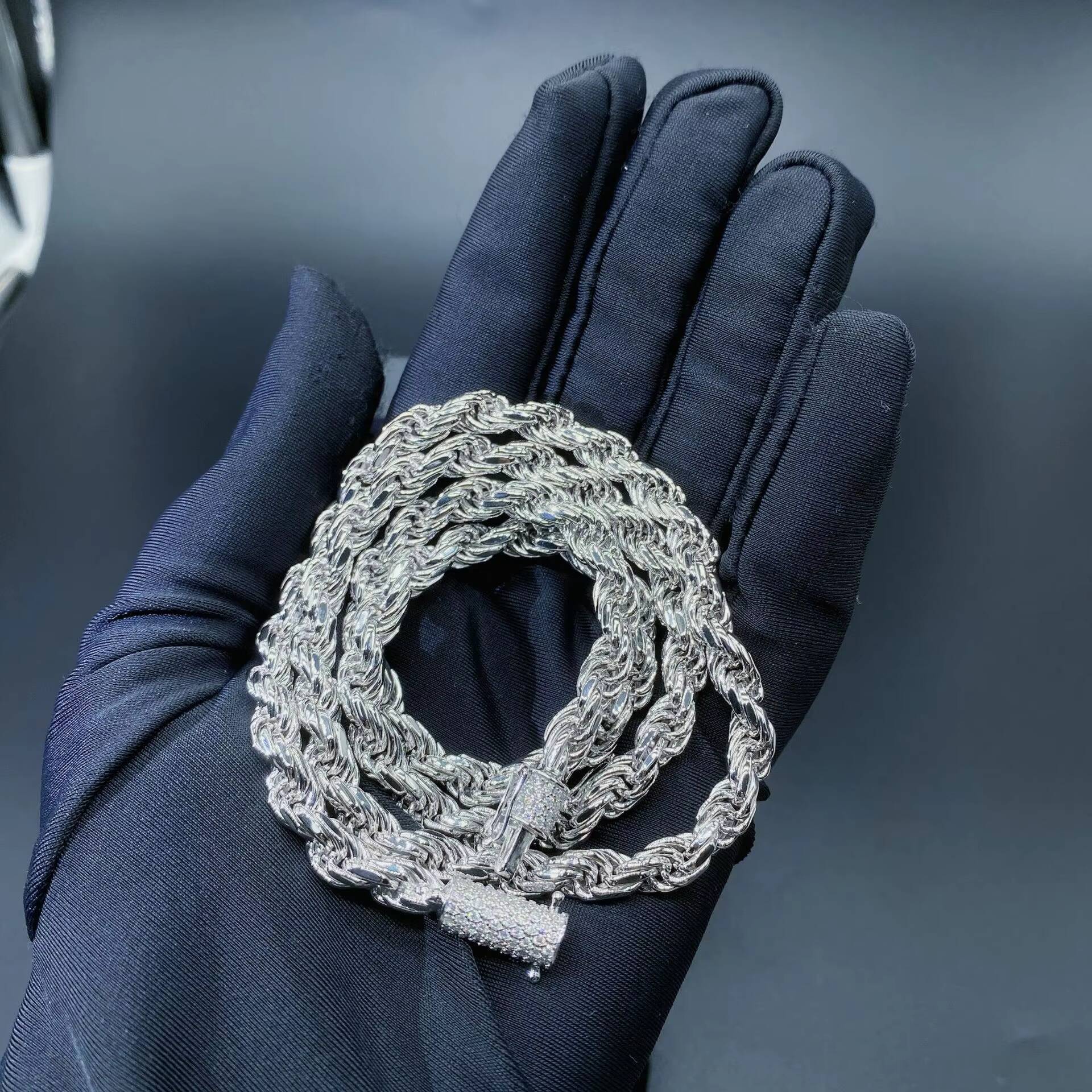 Fine Jewelry Thick 6MM Real Gold Plated 925 Sterling Silver Miami Rope Chain Necklace with Moissanite Buckle