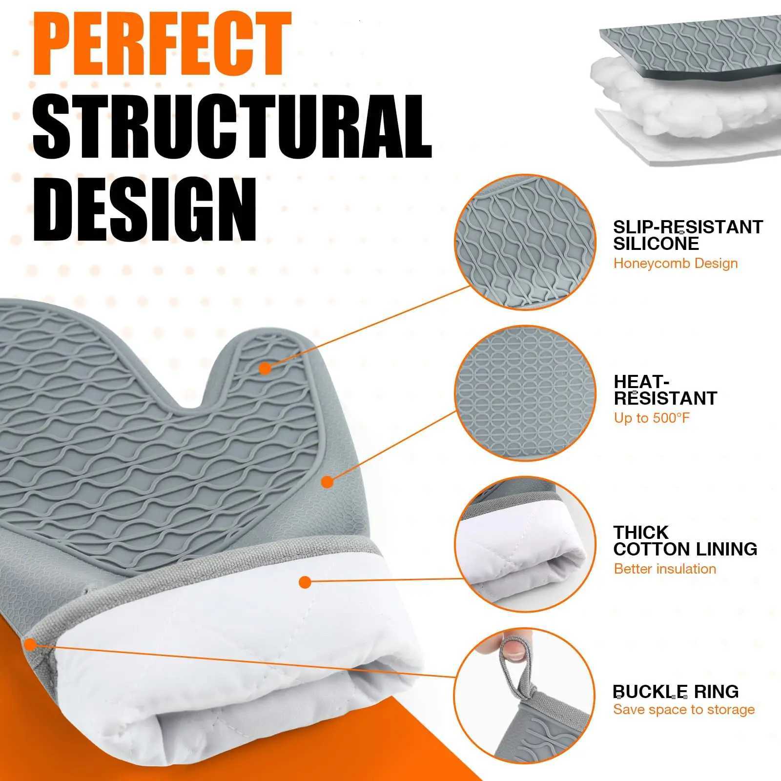 Silicone Oven Mitts Heat Resistant 2 PCS Oven Mitts with Soft Cotton Lining Non-Slip Grip Oven Glove Kitchen Potholder BBQ H251212