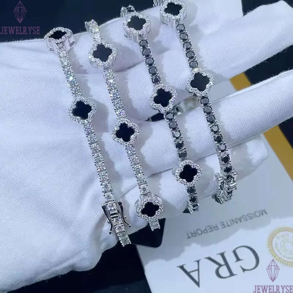 New Design 3mm 925 Sterling Silver Luxury Hip Hop Moissanite Diamond Tennis Chain Bracelets Four Cleef Clover Pass Test