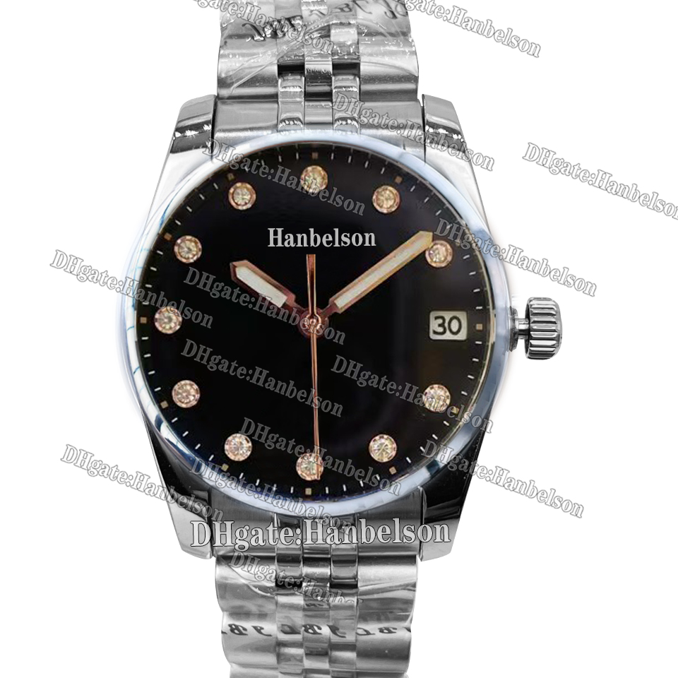Ladies 36MM Black Dial Diamond Markers Quartz Watch with Unidirectional Bezel Stainless Steel Women Wristwatch