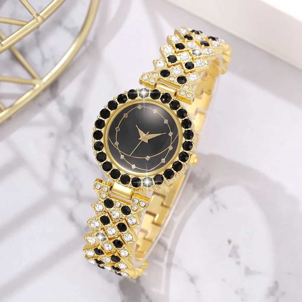6Pcs/Set Women Gold Stainless Steel Strap Watches Fashion Rhinestone Quartz Wristwatch And Necklace Earings Rings Jewelry Set Y251212
