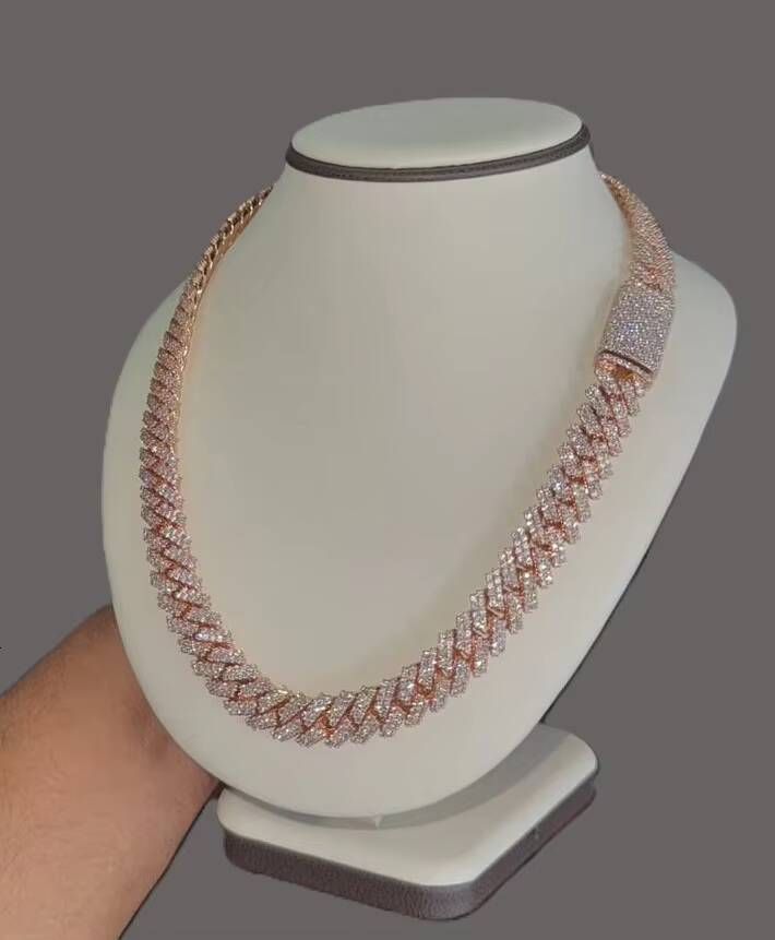 12mm Iced Miami Cuban Link Chains Rose Gold 925 Sterling Silver VVS Real Moissanite for Certified Chokers Necklaces Pass