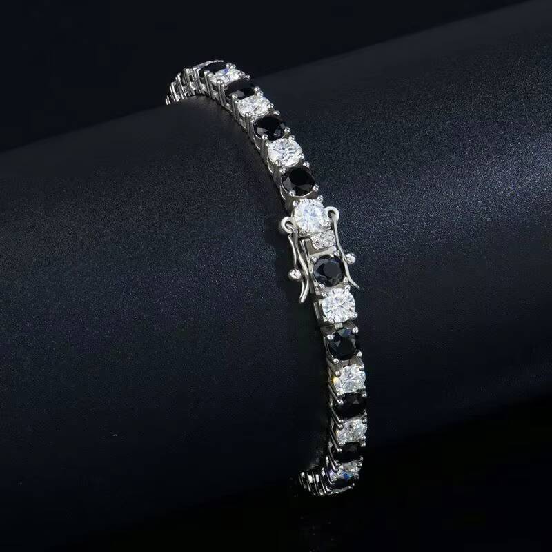 Wholesale Price Fine Jewelry 925 Sterling Silver Rhodium Plated Round CZ 22 Black and Moissanite Diamond Tennis Chain Bracelet
