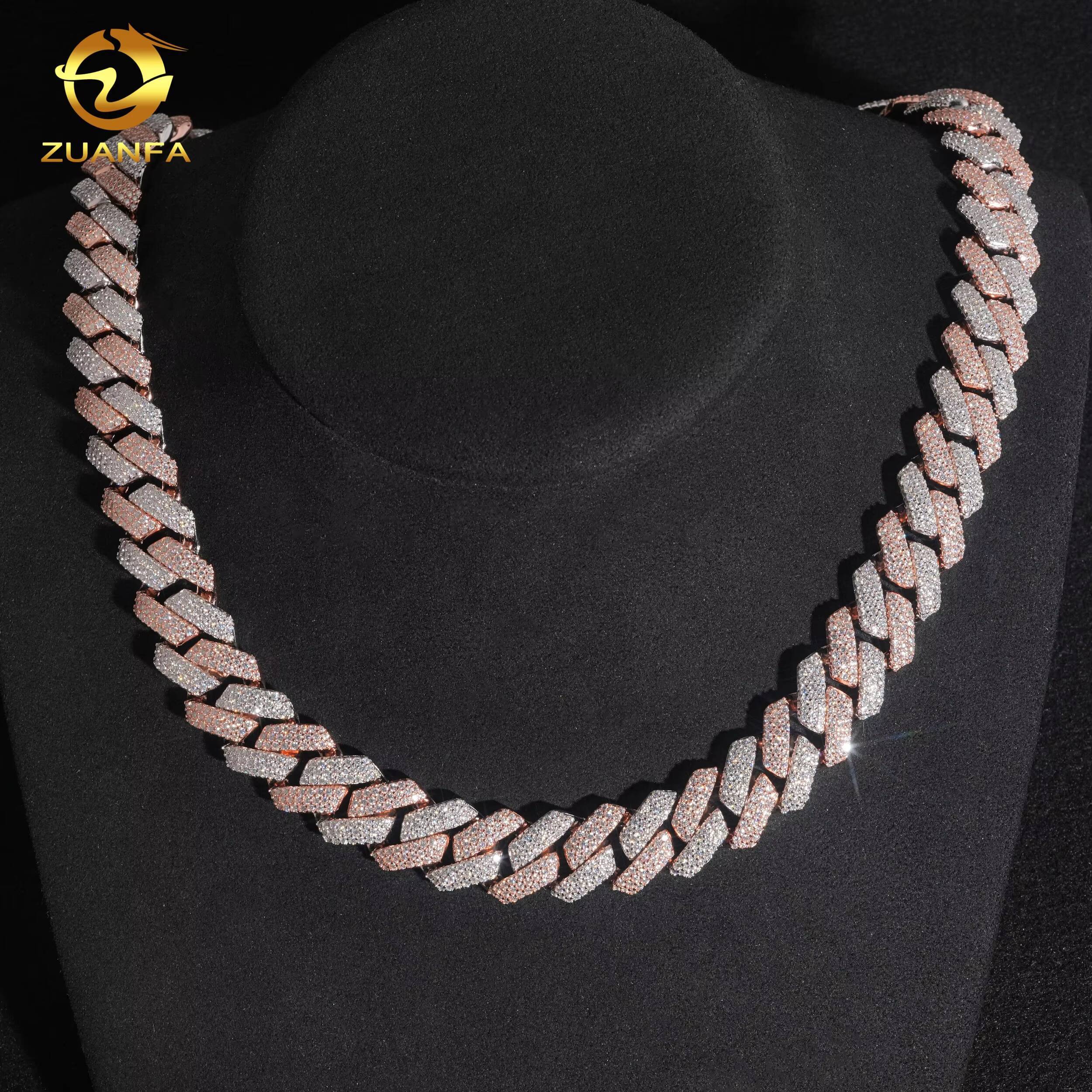 Custom Clasp Cuban Link Chain Luxury Design 2 Tone Roese and White Gold Necklace 925 Sterling Silver Iced Out Hip Hop Jewelry