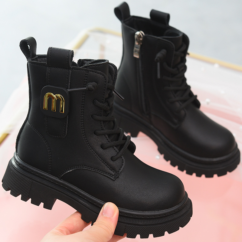 2026 New Autumn Winter Girls' Genuine Leather Martin Boots Fashion Fleece-Lined British Style Mid-Large Kid Boots