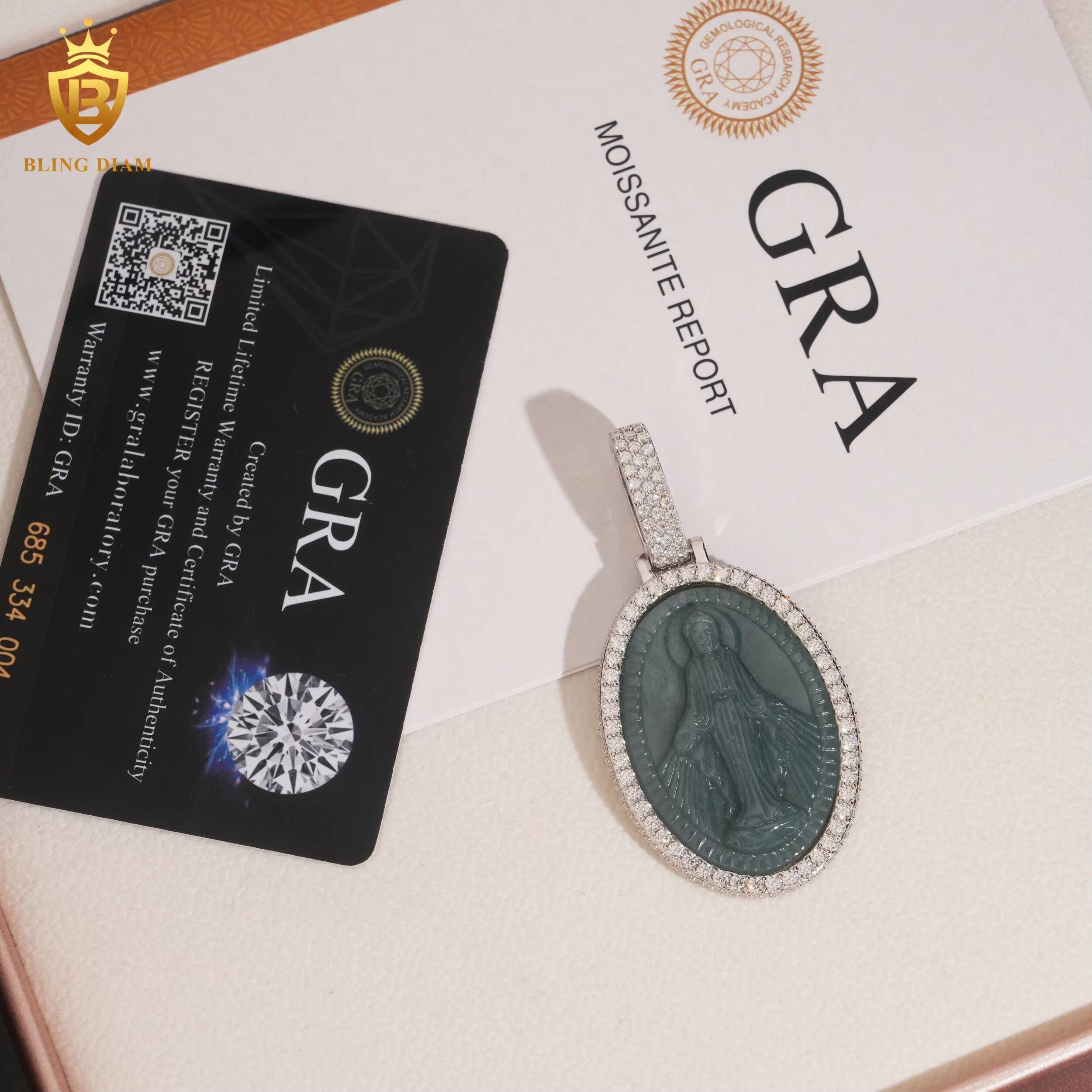 New Arrival Hip Hop Jewelry Iced Out Green Jade Holy Mother Pendants Moissanite 925 Sterling Silver for Men and Chain Set