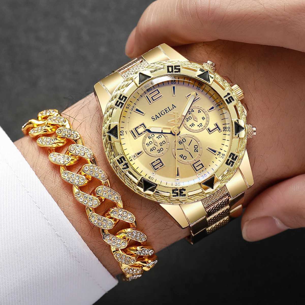 2pcs/set Men Business Watches Fashion Arabic Dial Males Quartz Watch Luxury Rhinestone Hip Pop Bracelet Set Without Box Y251212