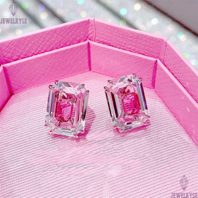 Luxury elegant square designer earrings for women silver lovely romantic pink crystal cz zircon earring earings ear rings jewelry