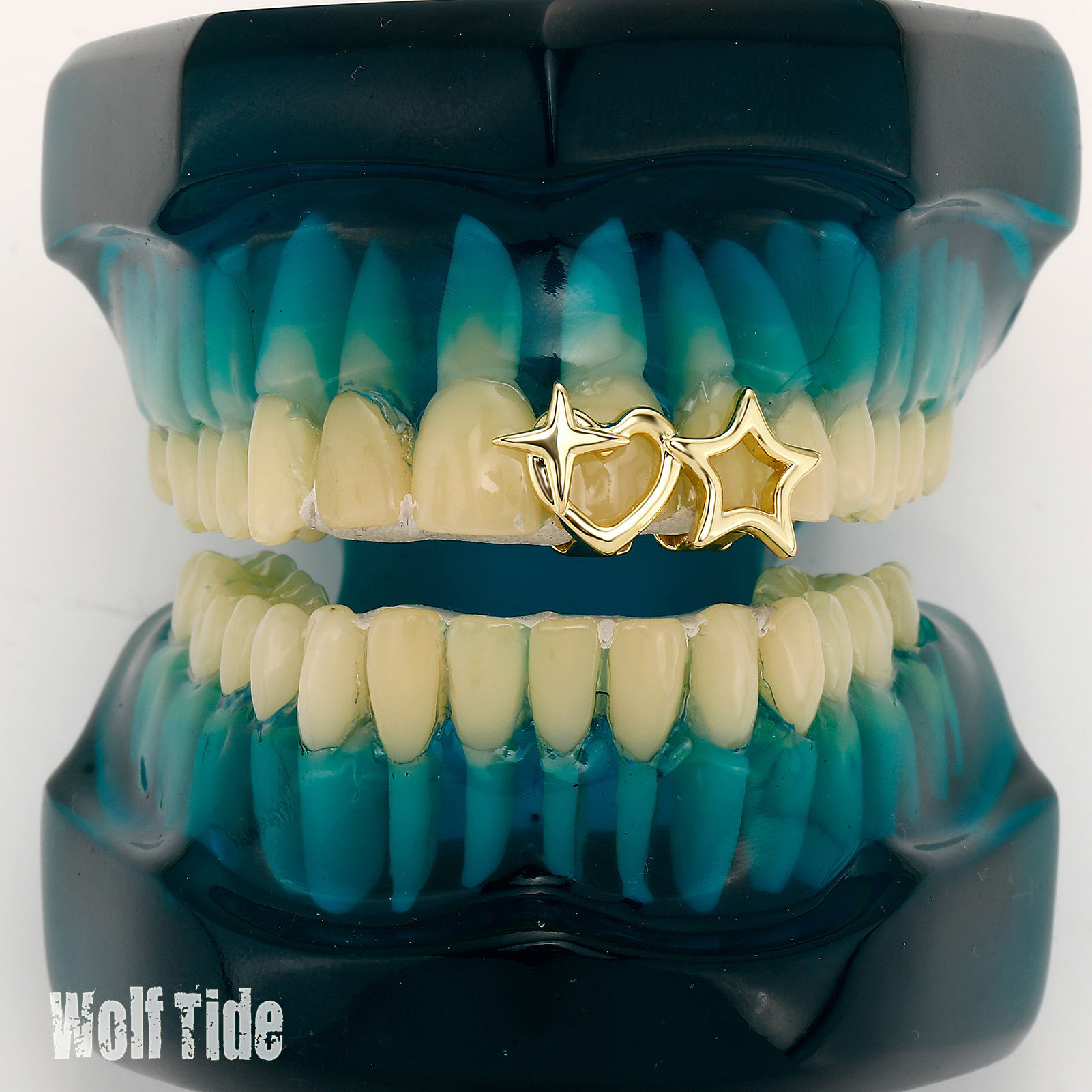 18K Real Gold Double Teeth Grillz Braces Plain Punk Hip Hop Dental Mouth Fang Grills Tooth Cap Cosplay Halloween Costume False Vampire Rapper Jewelry 