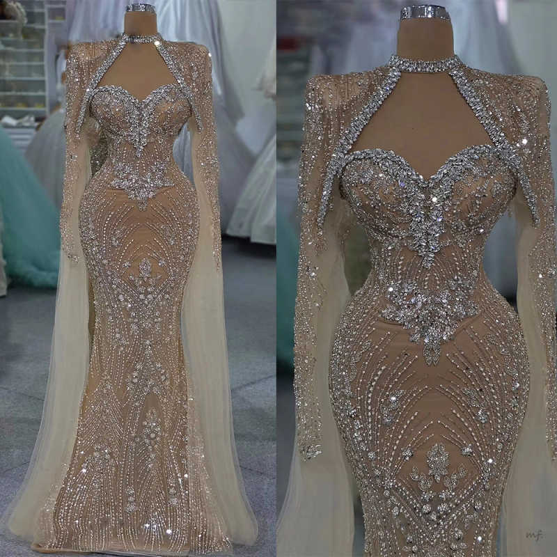 Unique Nude Prom Dress Long Cape Sleeve Crystals Formal Women Party Gowns Size Customized Dubai Formal Reception Dresses Arabic Robes De Mariee L25329