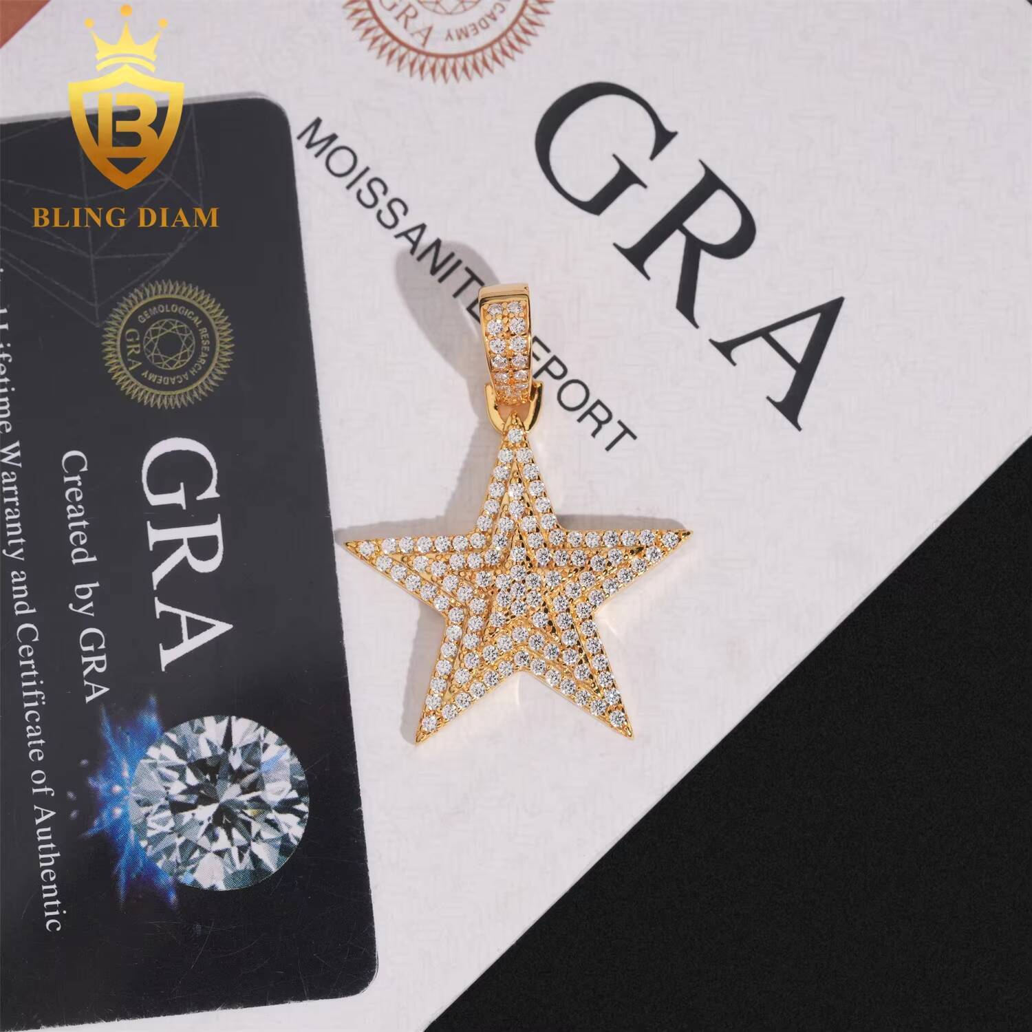 New Design S925 Sterling Silver Moissanite Shining Five Point Star Necklace Cool Hip Hop Pendant