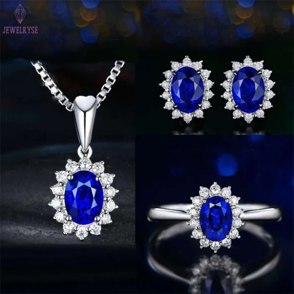 New Arrival Saprkling Luxury Jewelry Set 925 Sterling Silver Oval Cut Blue Sapphire CZ Diamond Women Wedding Earring Ring Necklace Gift