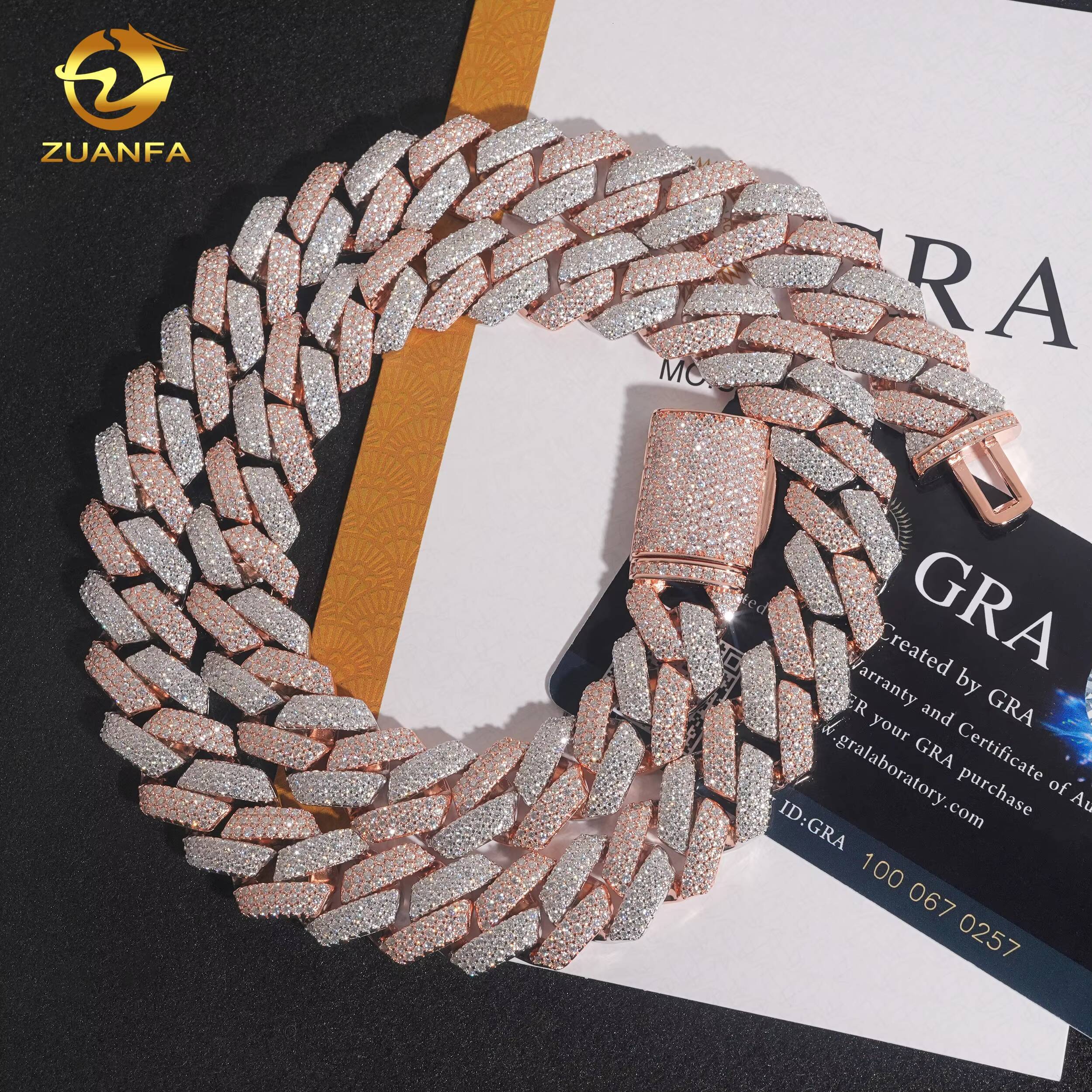 Custom Clasp Cuban Link Chain Luxury Design 2 Tone Roese and White Gold Necklace 925 Sterling Silver Iced Out Hip Hop Jewelry