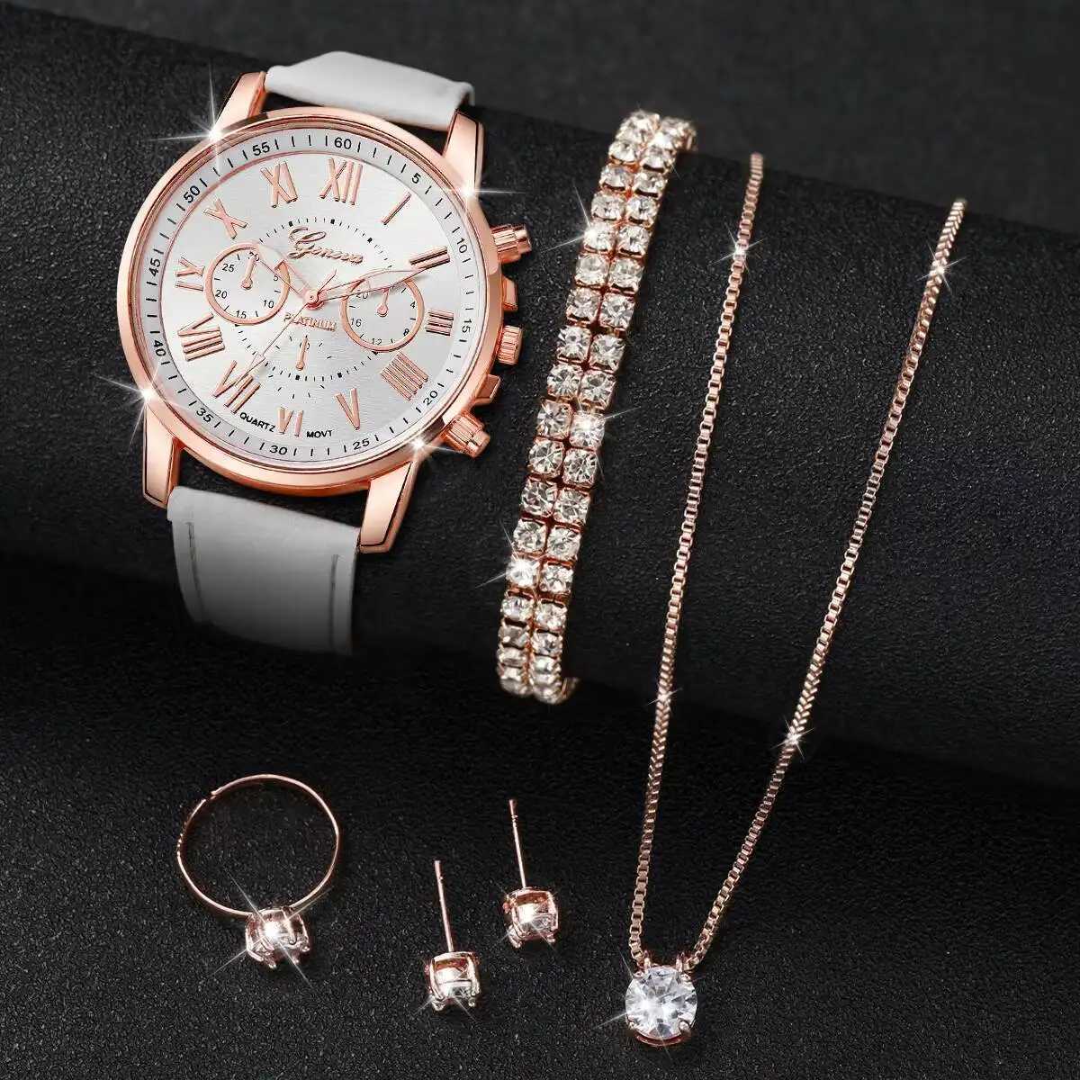 6PCS/Set Casual Leather Strap Women Watches Ladies Quartz Wrist Watch Rhinestone Jewelry Set Reloj MujerWithout Box Y251212