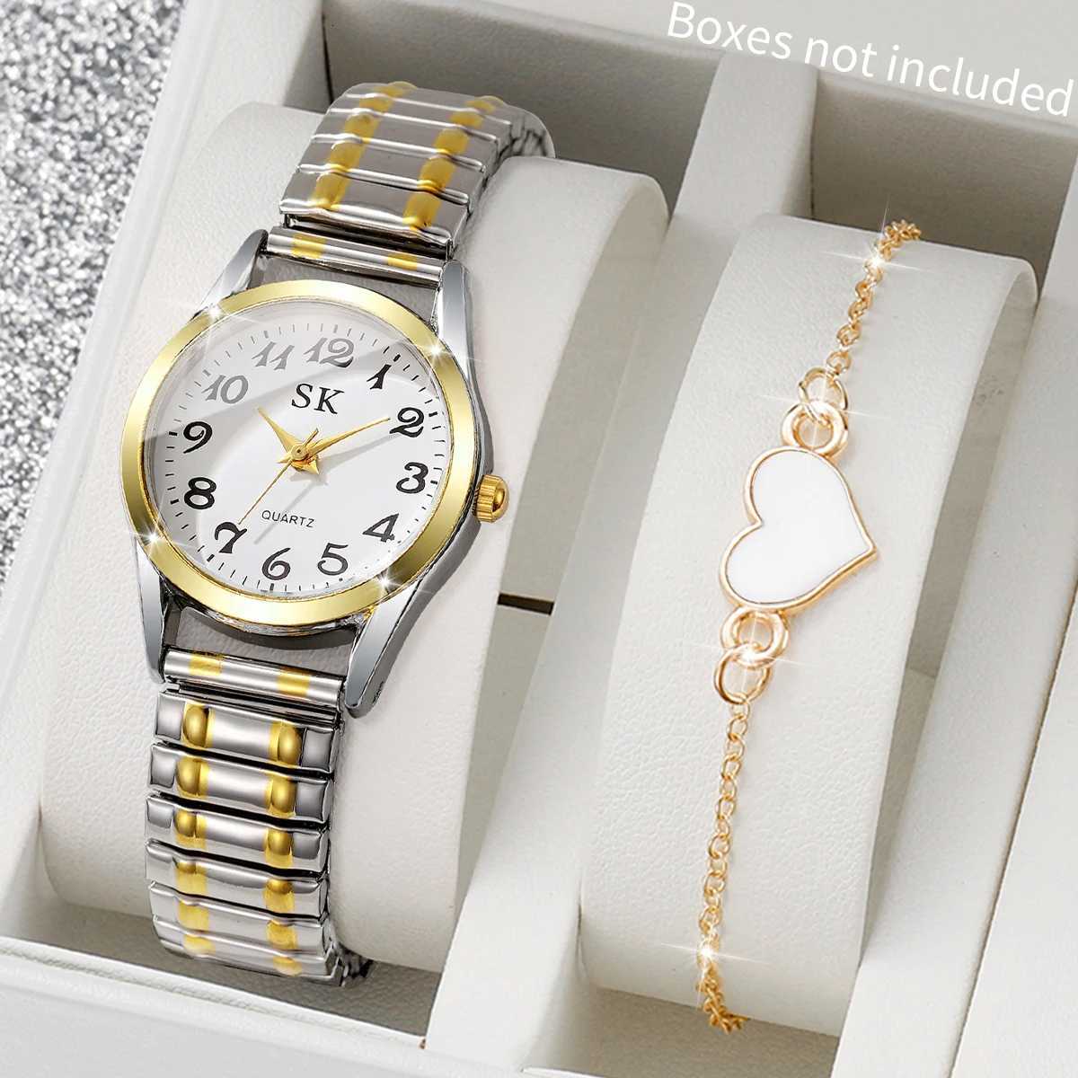 2PCS/Set Fashion Arabic Dial Women Watches Elastic Band Ladies Quartz Wristwatches Heart Bracelet Set Reloj MujerWithout Box Y251212