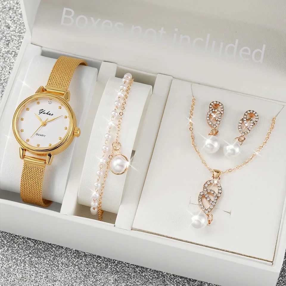 Fashion Light Luxury Alloy Mesh Band Round Dial Women Quartz Watch and Jewelry 6 Piece Set Suitable for Daily Wear Christmas a Y251212