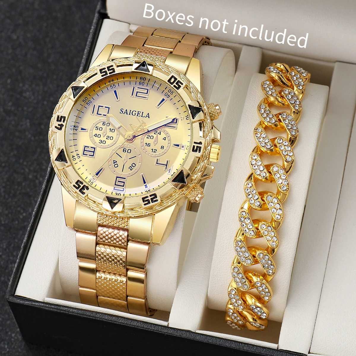 2pcs/set Men Business Watches Fashion Arabic Dial Males Quartz Watch Luxury Rhinestone Hip Pop Bracelet Set Without Box Y251212