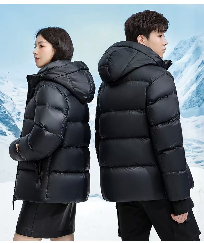 Black Gold Short Thickened Down Jacket: Couple Style Unisex Hooded Outdoor Fashion Wash-Free with Suspenders