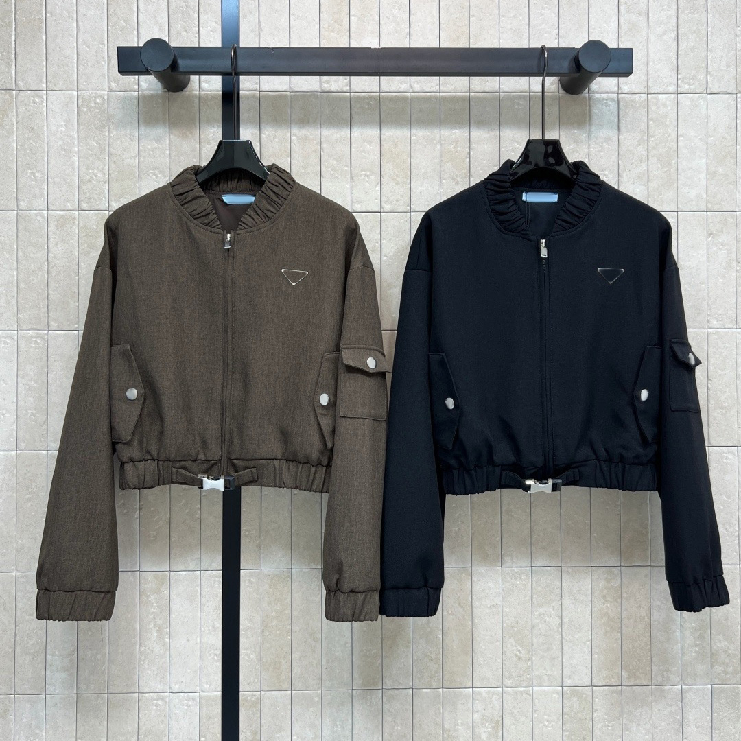 (Order by pic in opt, not by desc) Women's Brown Cropped Bomber Jacket - Ruched Collar Waist Buckle Utility Jacket with Pockets