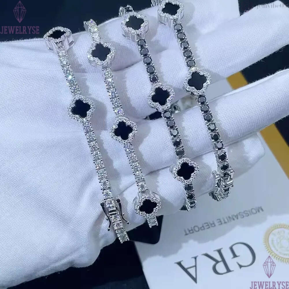 New Design 3mm 925 Sterling Silver Luxury Hip Hop Moissanite Diamond Tennis Chain Bracelets Four Cleef Clover Pass Test
